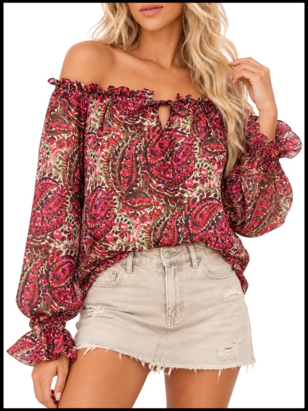 VICI Blouse Red Ivory Off Shoulder Paisley Balloon Sleeve XS